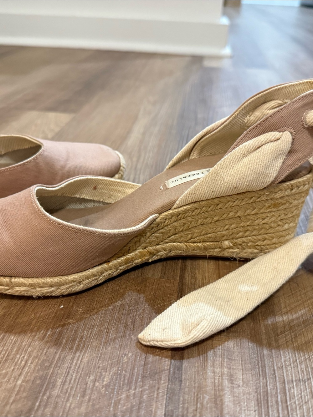 ZARA Taupe Canvas Espadrille Wedge Sandals with Ankle Wrap - Picture 8 of 9